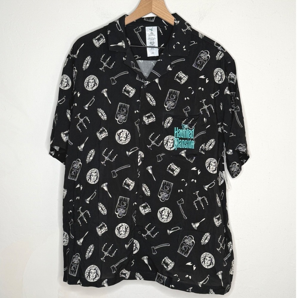 Disney Haunted Mansion Shirt Mens Large Black Viscose Button Down Goth Spooky